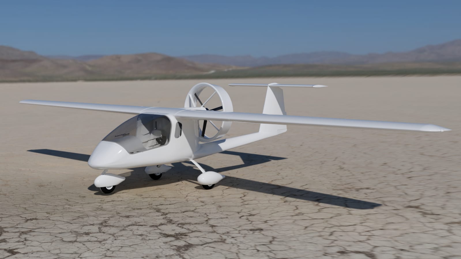 A mock up of the FlyOnE Valkyrie electric aircraft