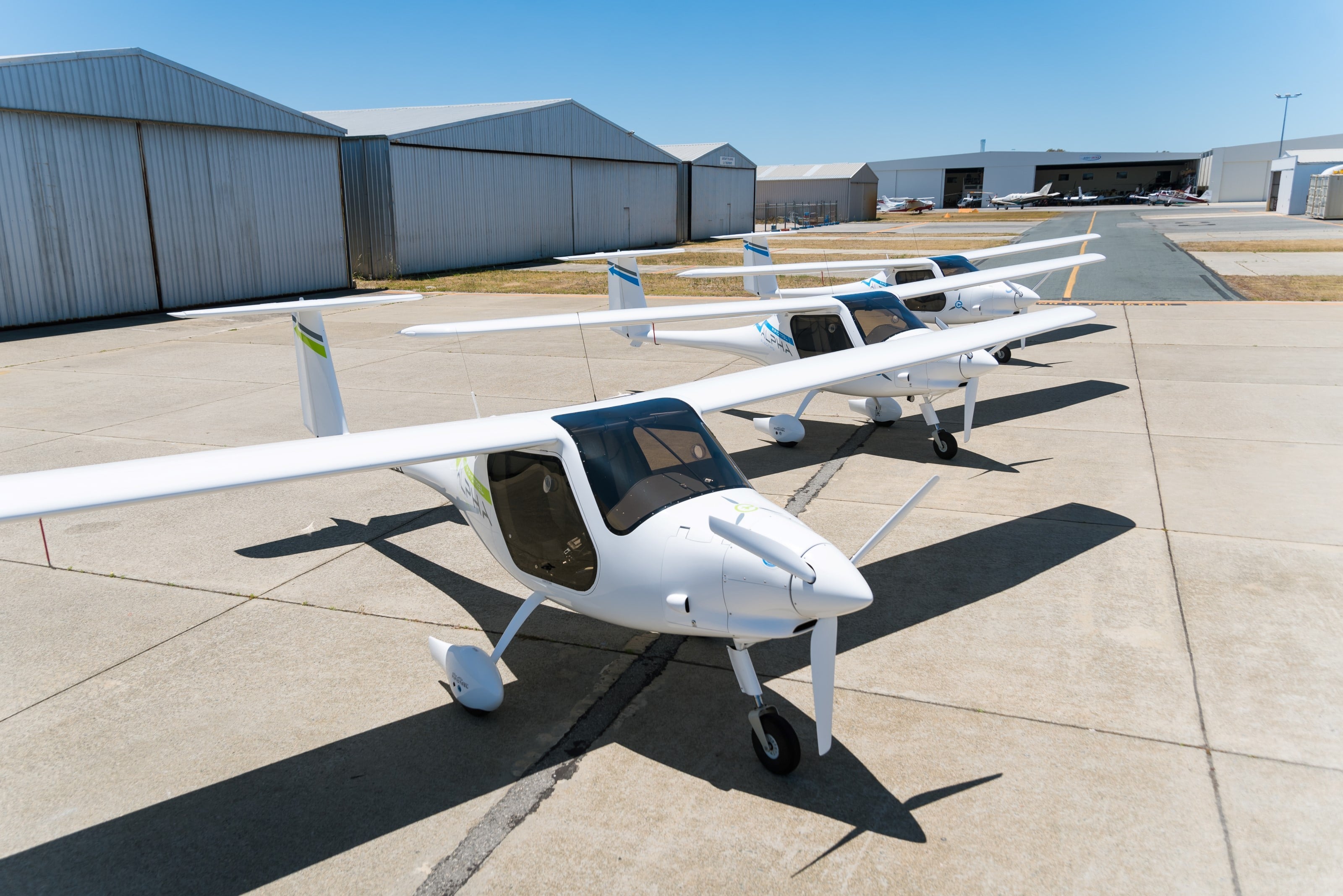 Pipistrel Alpha Electro electric aircraft fleet on the tarmac at Jandakot airport