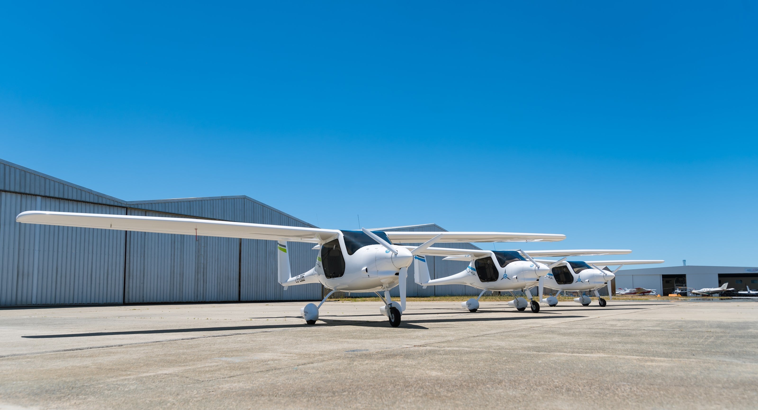 PIpistrel Alpha Electro electric aircraft fleet on the tarmac at Jandakot airport