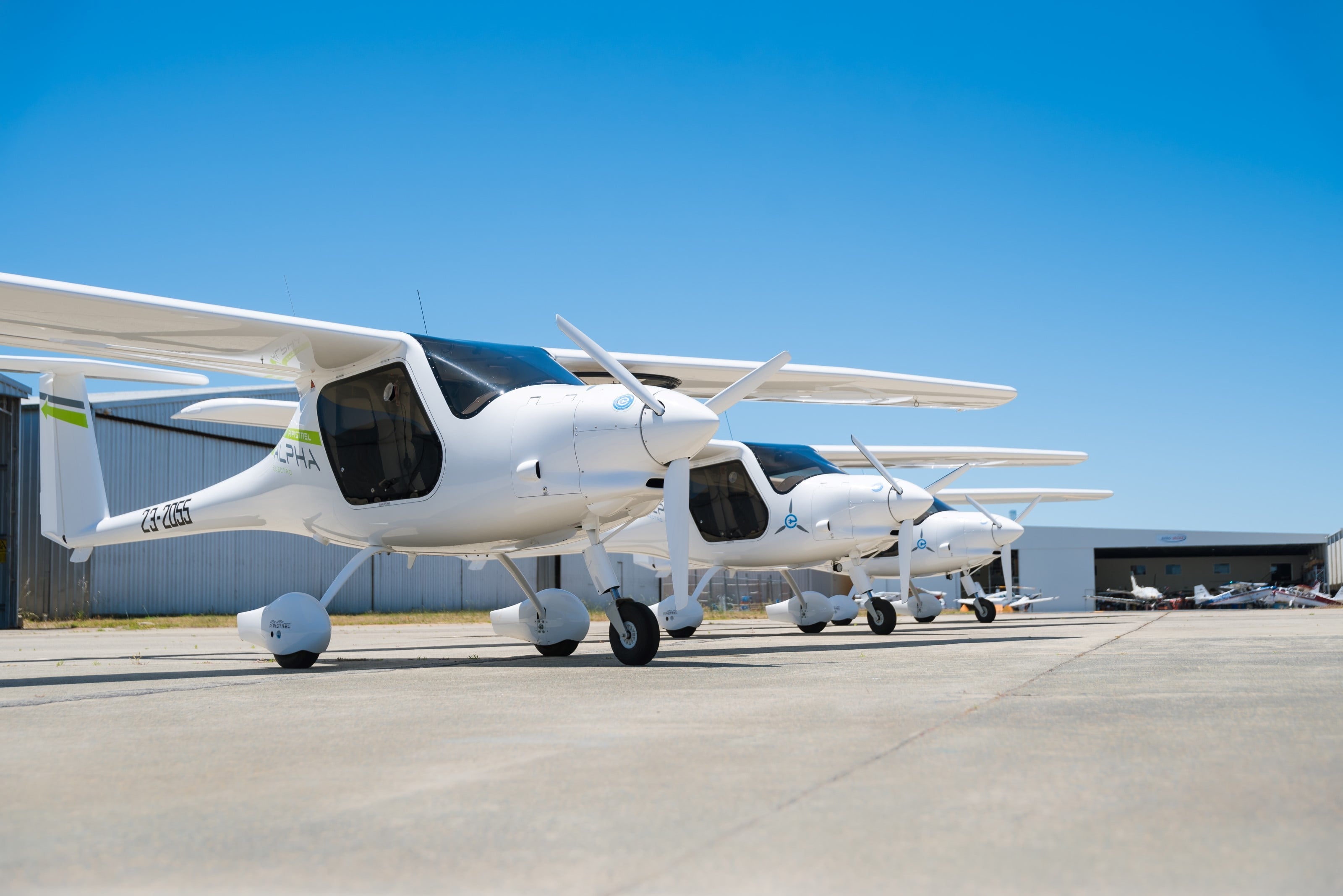 Pipistrel Alpha Electro electric aircraft fleet on the tarmac at Jandakot airport