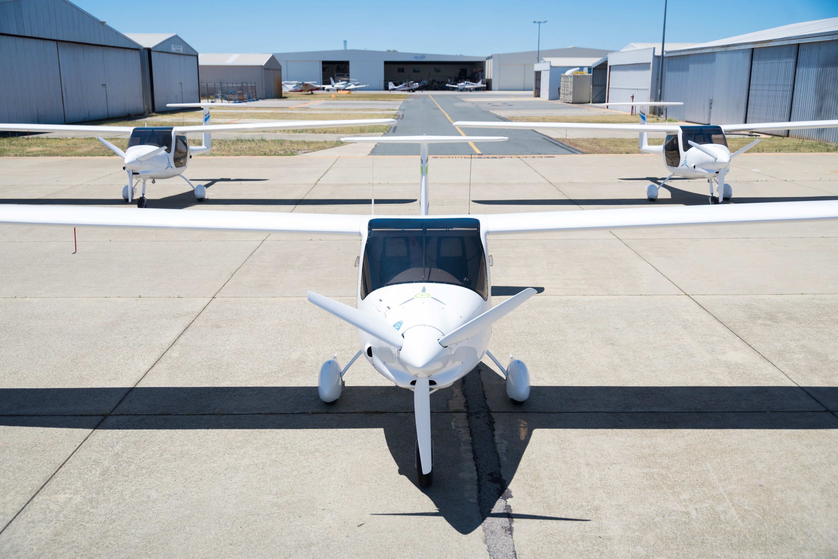 Pipistrel Alpha Electro electric aircraft fleet on the tarmac at Jandakot airport